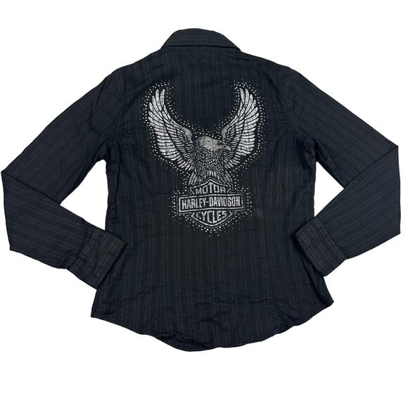 Harley Davidson Womens Black Button Down Shirt Rhinestone Eagle Medium - Picture 1 of 6